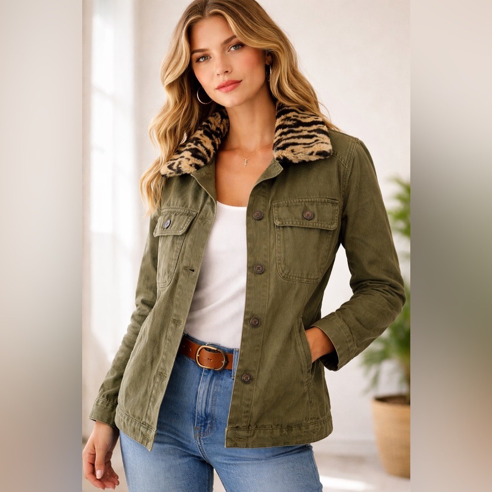 Anthropologie Olive Green Utility Jacket with Animal-Print Faux Fur Collar, New